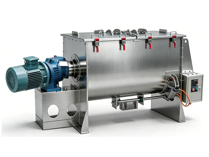 Horizontal stainless steel ribbon mixer with a U-shaped mixing chamber and side-mounted drive