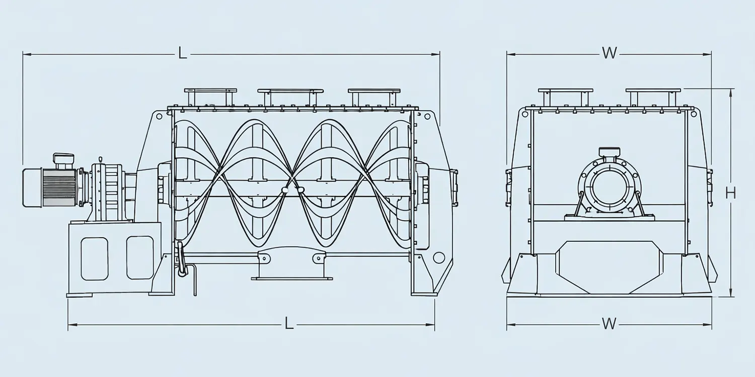 Ribbon mixer dimension drawing with length, width and height labels