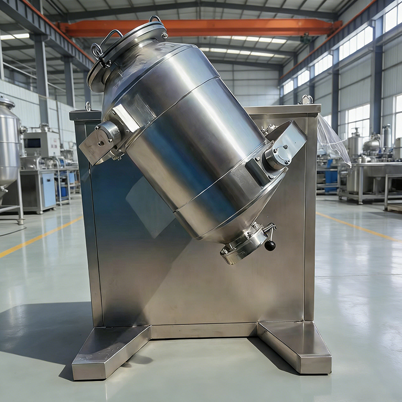 Stainless steel 3D powder mixer with a diagonally mounted mixing barrel in a factory