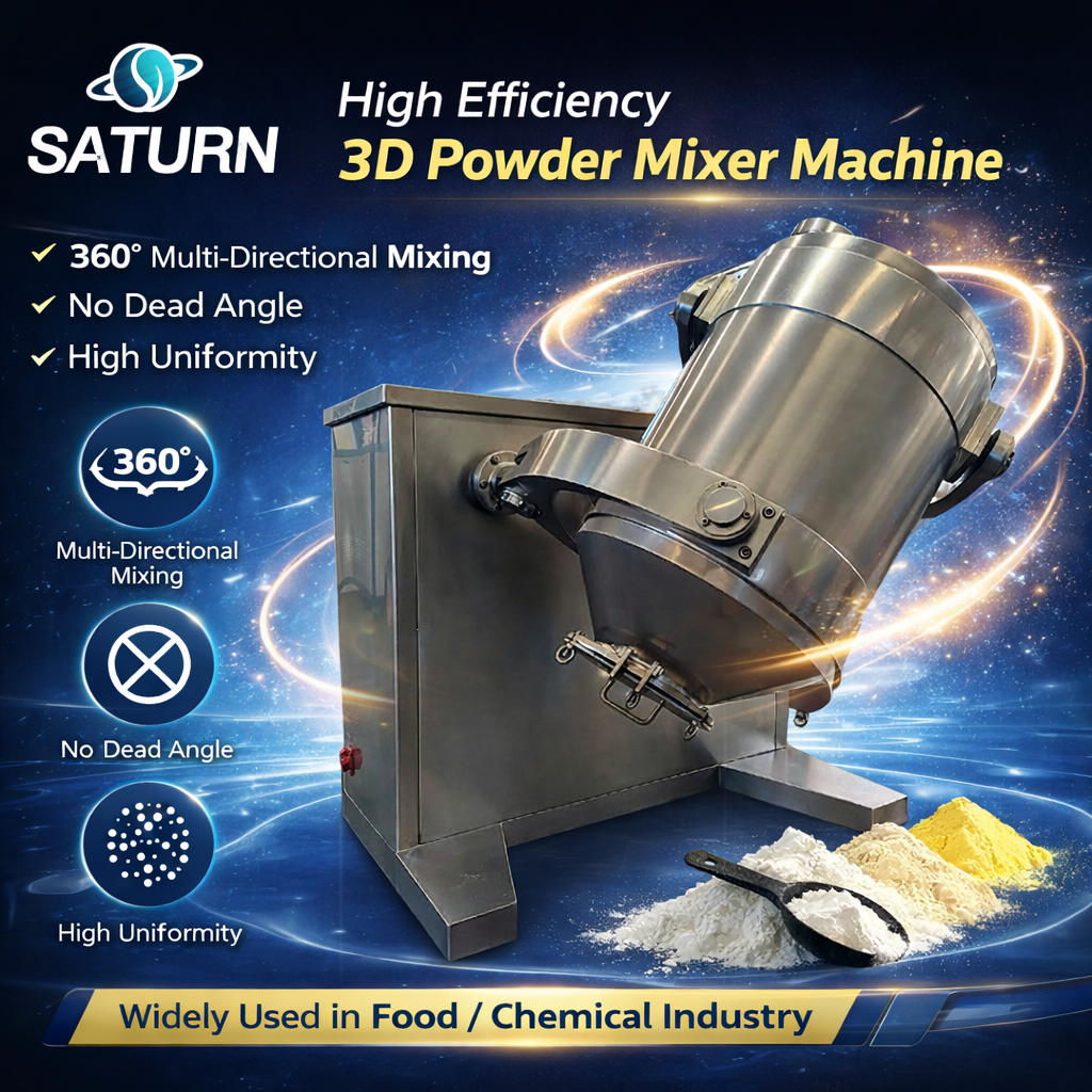 SATURN 3D powder mixer highlighting 360 degree multi-directional mixing, no dead angle and high uniformity